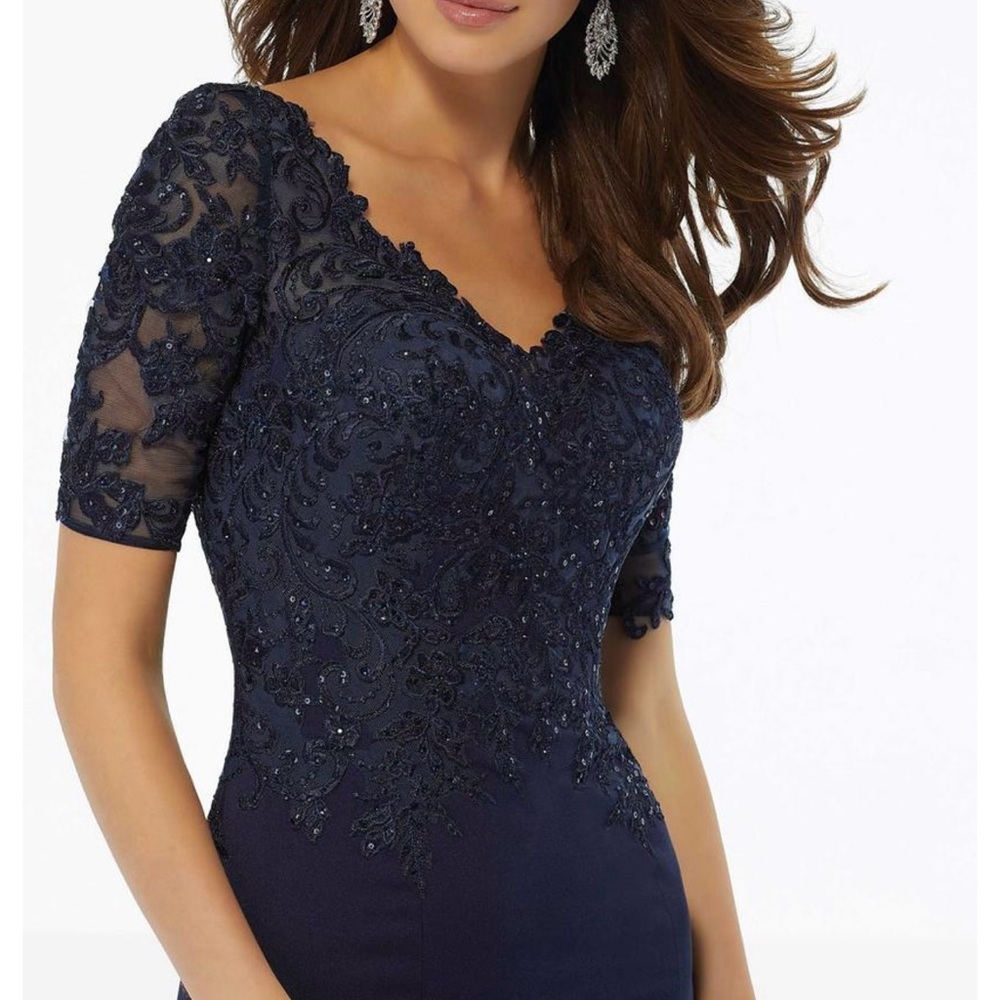 Mori Lee Navy Blue Long Sleeve Lace Bodice Evening Gown - Picture 2 of 6